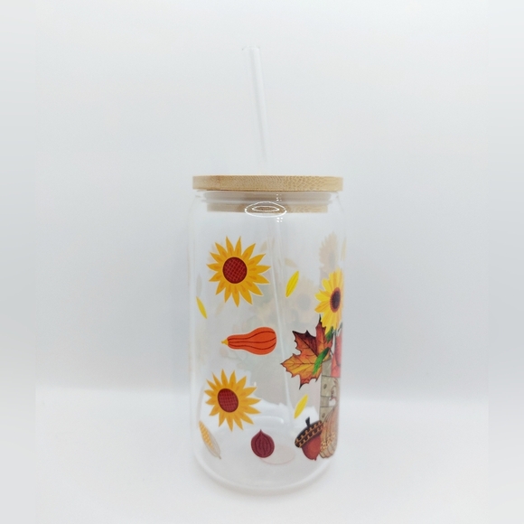 Fall Harvest Pumpkin and Sunflower 16oz Glass with Lid and Glass Straw - Picture 4 of 9